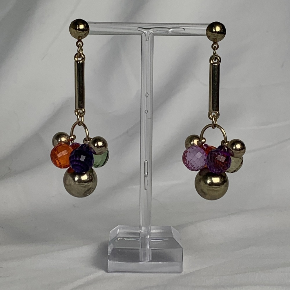 Fashion Dangle Drop Earrings Gold Tone Multi-Color Faceted & Smooth Beads 3" Vtg